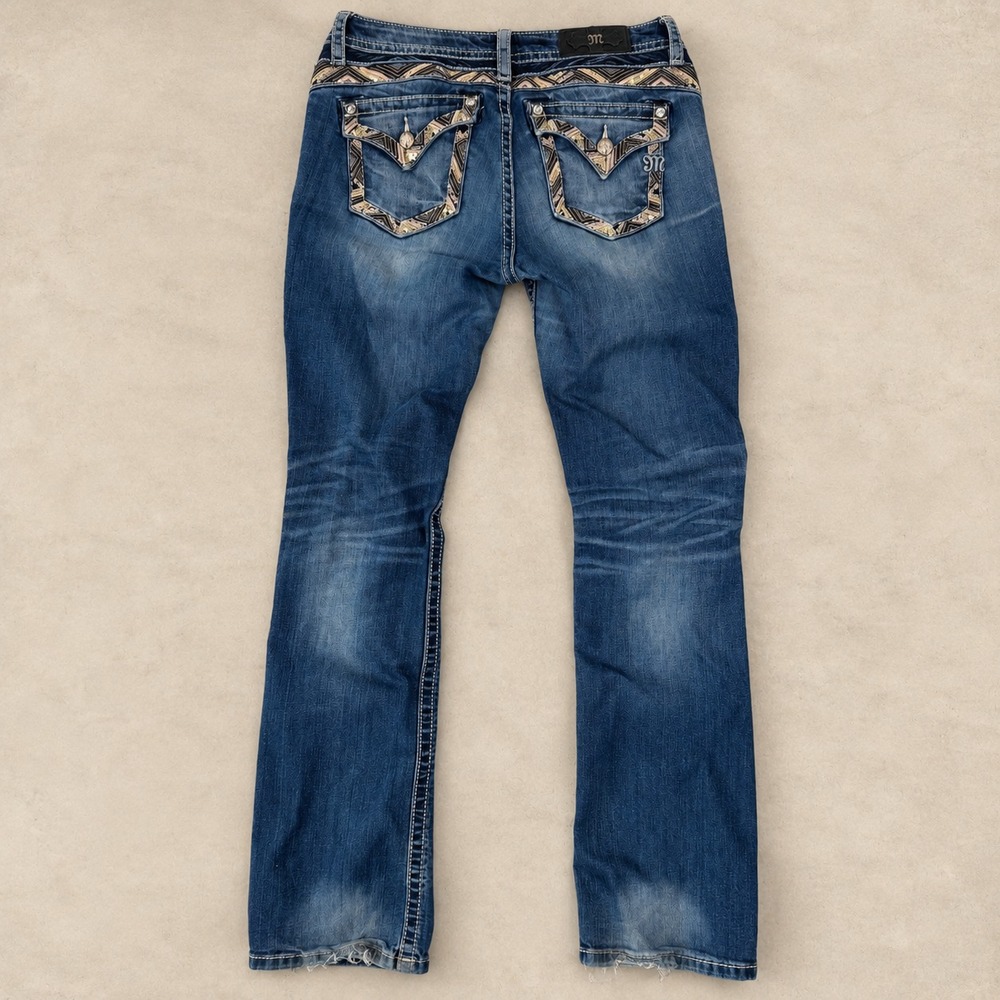 Miss Me Jeans Womens 30 Mid Rise Slim Boot Cut Rhinestone Embroidered Blue